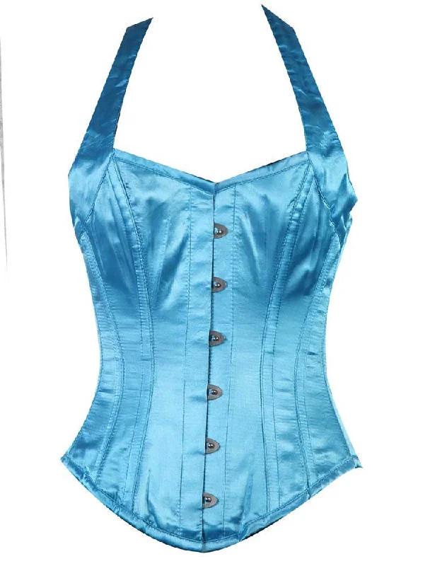 Vintage - style women's bustiers with lace and bowsHALTER NECK TURQUOISE SATIN