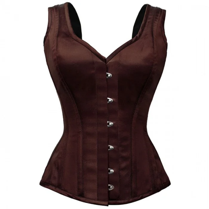 French - style bustiers for a romantic lookNeveah Brown Satin Shoulder Straps Overbust Steel Boned Corset