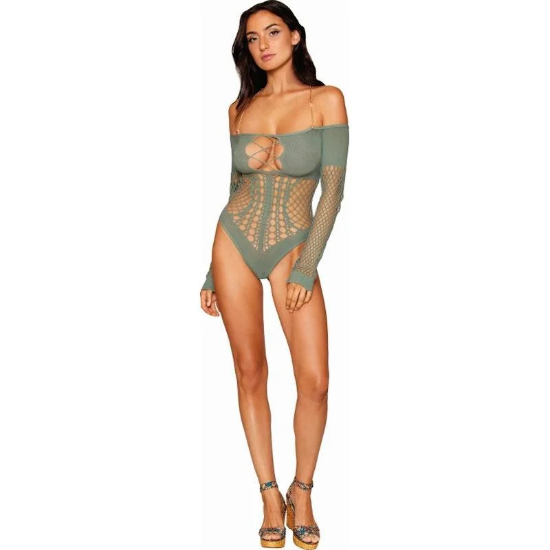 Sensual Lingerie for Women's Night OutDreamgirl Seamless Long Sleeve Teddy with Removeable Gold Halter Chain Sage