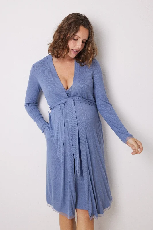 Women's maternity bras with adjustable strapsBlue viscose midi maternity robe