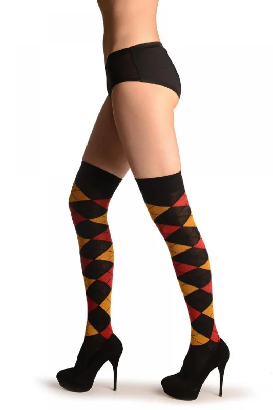 Women's satin - trimmed socks for a touch of eleganceArgyle Yellow, Red & Black