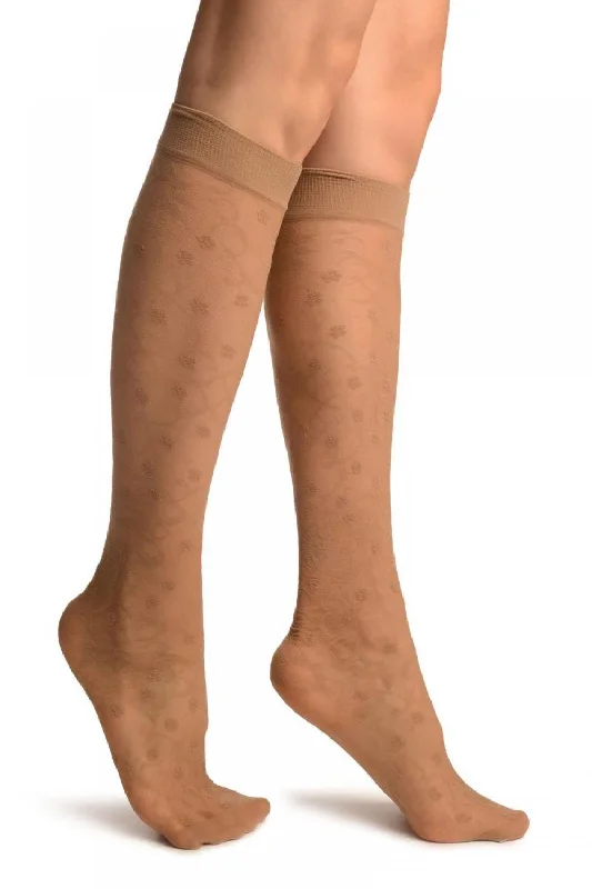 Women's over - the - calf socks with a stripe designBeige Orchids On Lace Socks Knee High