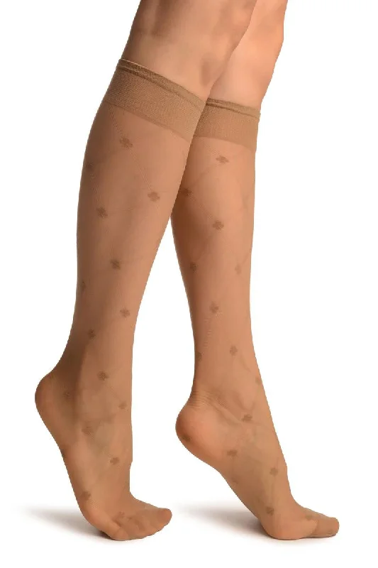 Women's over - the - calf socks with a stripe designBeige With Woven Mesh & Clover Socks Knee High