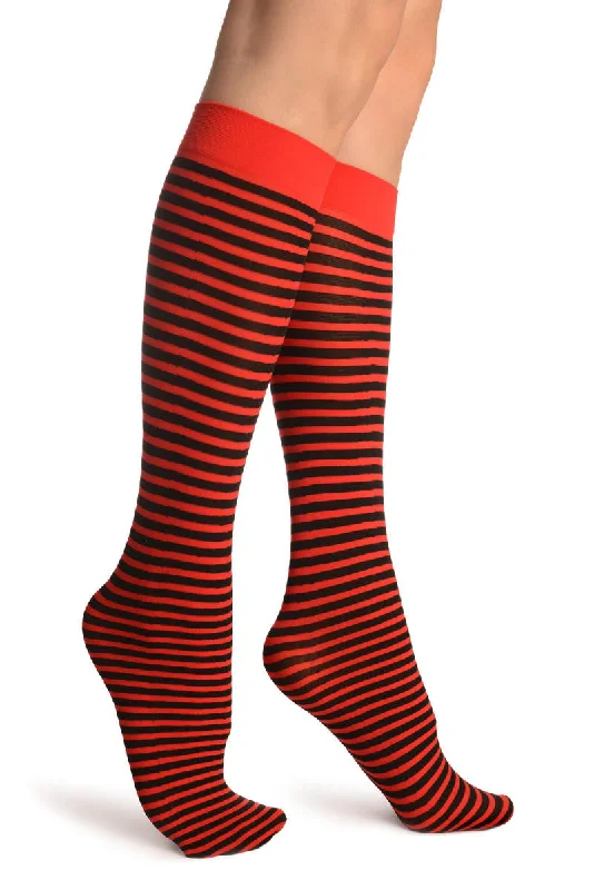 Women's knee - high socks with lace trimBlack & Red Thin Stripes Socks Knee High