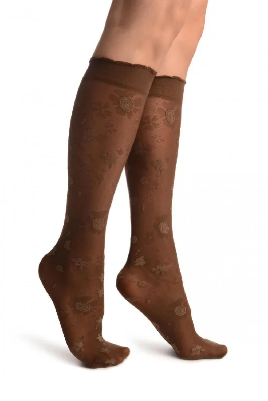 Women's moisture - wicking socks for sportsBrown Opaque Flowers On Micro Mesh Knee High Socks