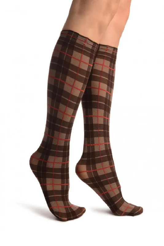 Women's cotton blend socks for breathabilityBrown Scottish Tartan Knee High Socks