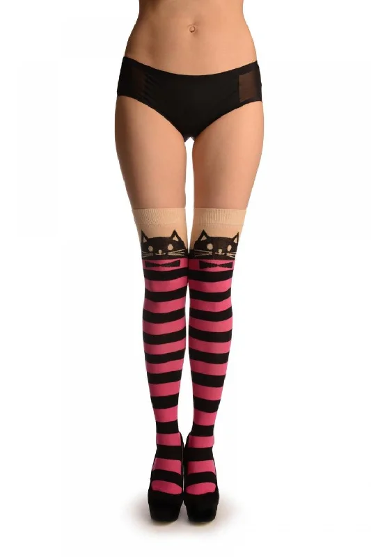 Women's thigh - high socks in a fishnet patternCat On Beige With Pink & Black Stripes