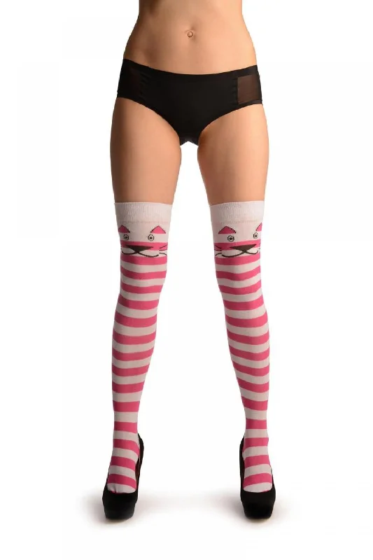 Women's no - show socks with a floral motifCat On White With Pink & White Stripes