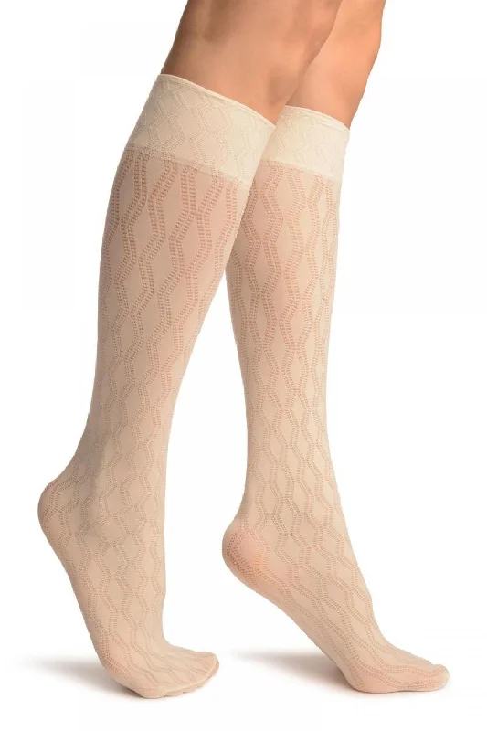 Women's cable - knit ankle socks for a cozy styleCream With Double Rhomb Socks Knee High