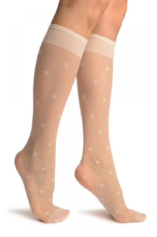 Women's nylon - reinforced socks for durabilityCream With Woven Mesh & Clover Socks Knee High