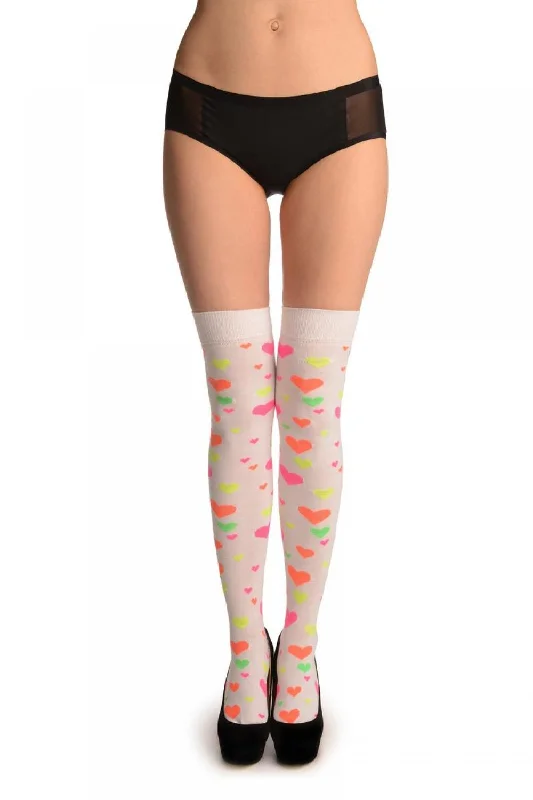 Women's leather - look socks for an edgy styleFluorescent Yellow, Orange, Pink & Green Hearts On White