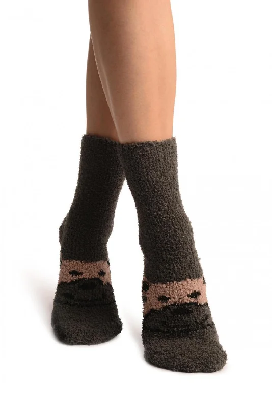 Women's nylon - reinforced socks for durabilityGrey With Cute Bear Terry Ankle High Socks