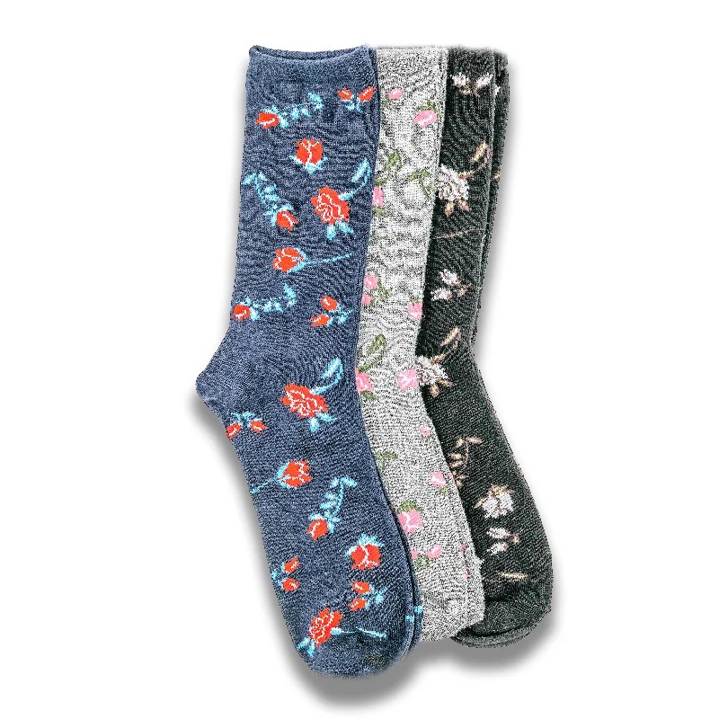 Women's arch - support socks for better comfort3-Pack Ladies Bamboo Rose Patterned Crew Socks