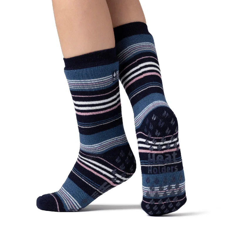 Women's ankle socks with a frilly edgeLadies IOMI Dual Layer Raynaud's Slipper Socks - Navy Stripe