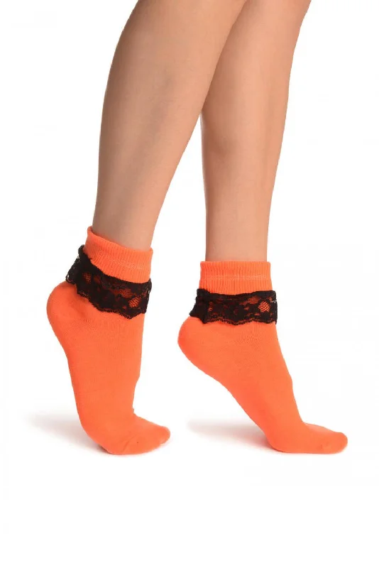 Women's silk - lined socks for a luxurious feelNeon Orange With Black Lace Trim Ankle High Socks