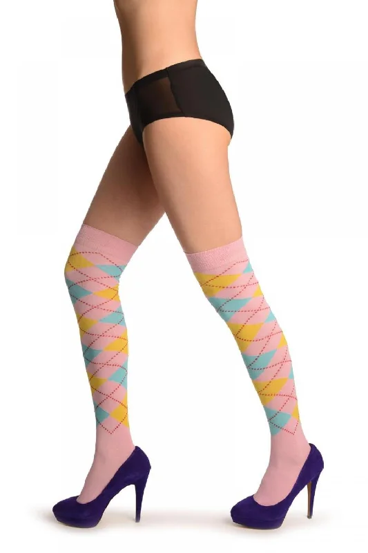 Women's cotton blend socks for breathabilityPink, Yellow & Blue Argyle