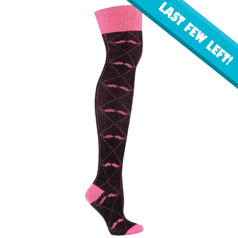 Women's over - the - calf socks with a stripe designSock It To Me Women's Over the Knee Socks - Pink Moustache