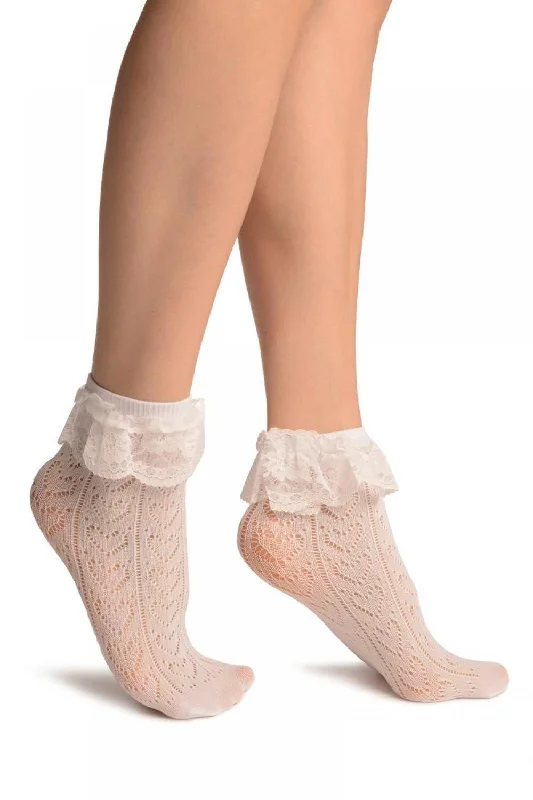 Women's silk - lined socks for a luxurious feelWhite Crochet Lace With Ruffled Lace Top Ankle High Socks