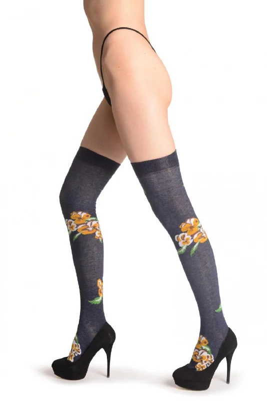 Women's thigh - high socks in a fishnet patternYellow Viola Flowers On Navy Blue